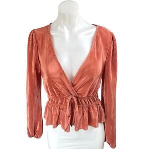 Blashe Orange Long Sleeve Plunge V-Neck Cinched Waist Tie Peplum Blouse Top Sz S